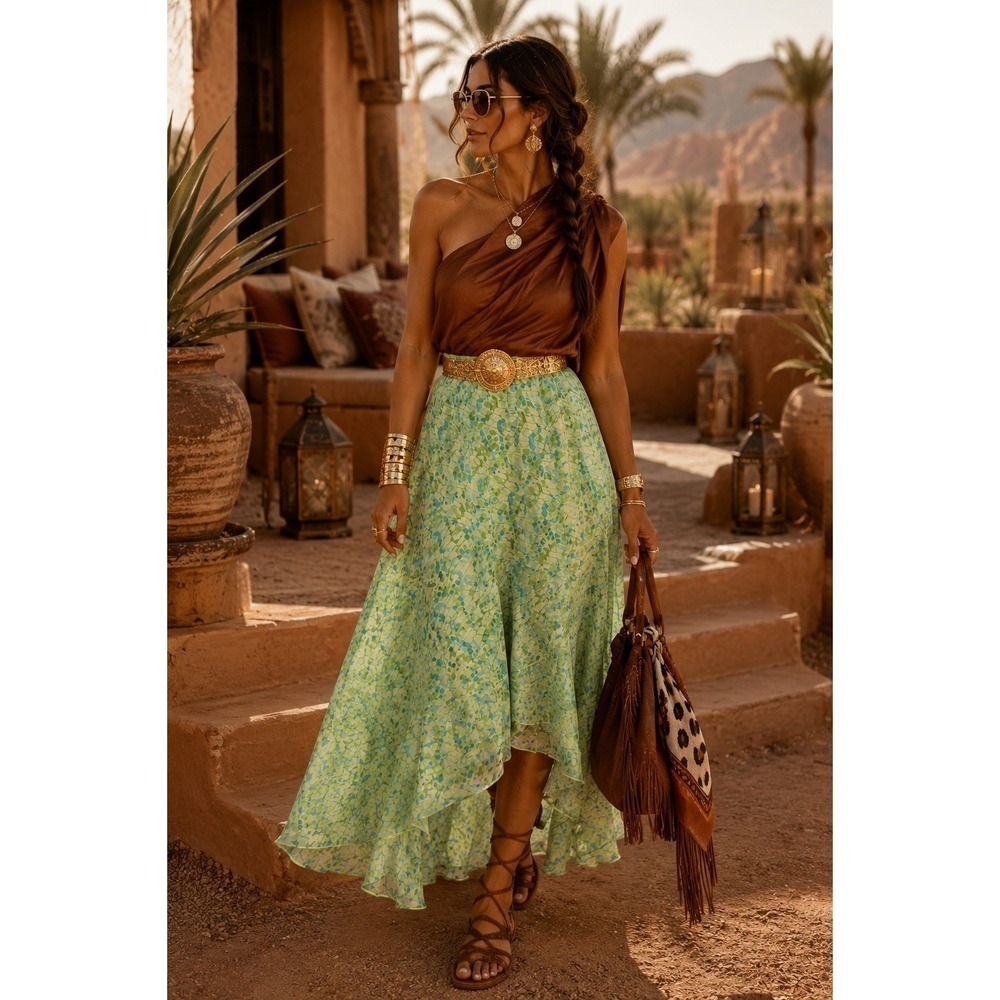 Lane Bryant Green Blue Floral Chiffon High-Low Ruffle Skirt Plus Size 14/16 - Picture 5 of 5